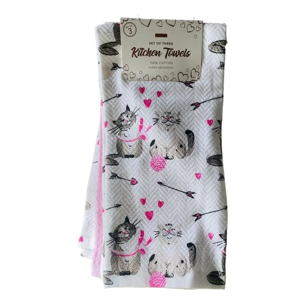 NWT Valentine Cat Lover Cats in Love and Cupid's Arrows Kitten 3 Towel Set